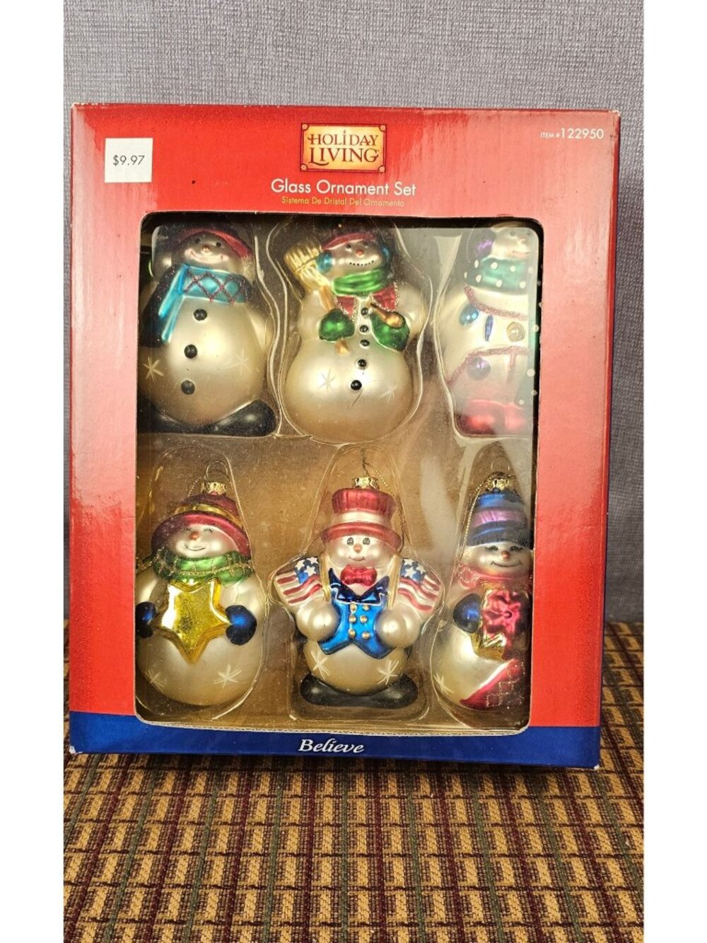 Holiday Living Glass Snowman Ornament Set Of 6 Christmas Decorations Patriotic &
